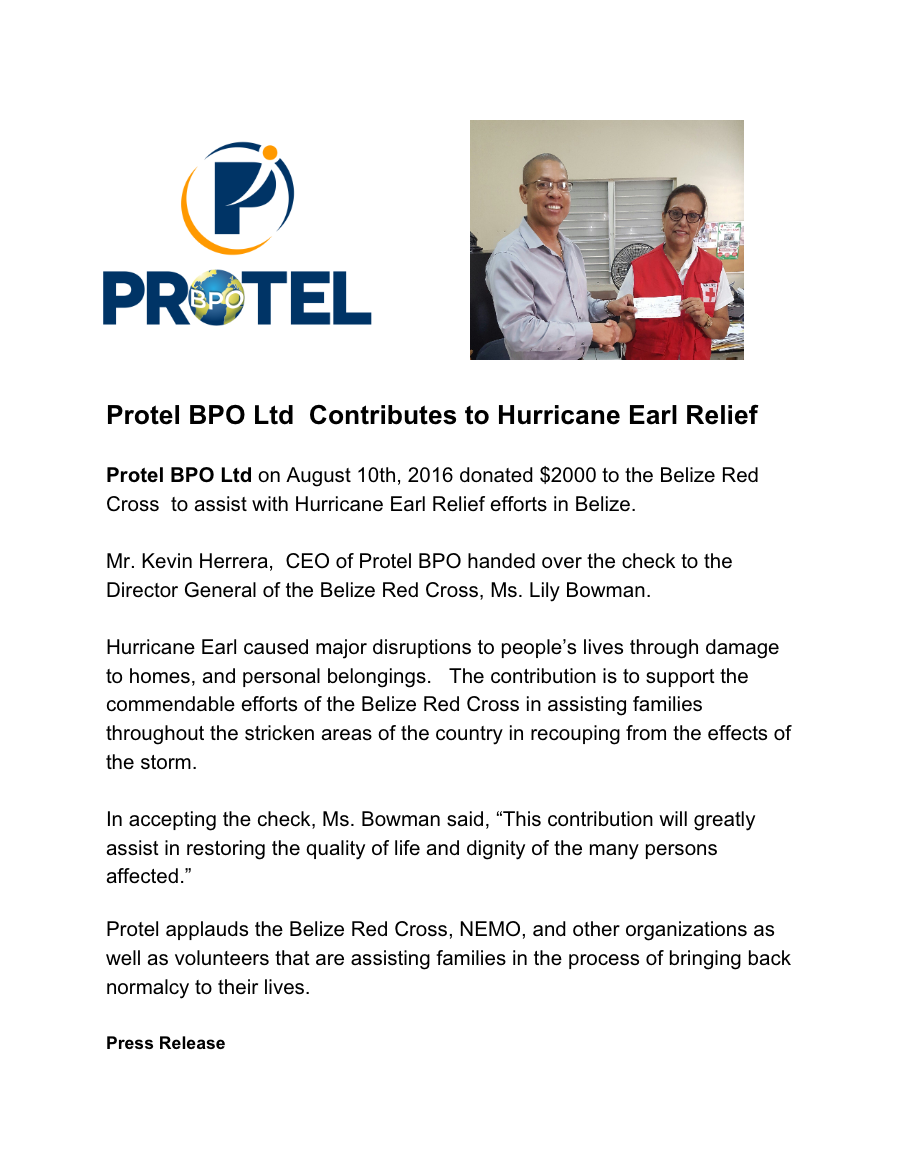 Protel BPO donates to Belize Red Cross to assist with Hurricane Earl relief efforts in Belize.
