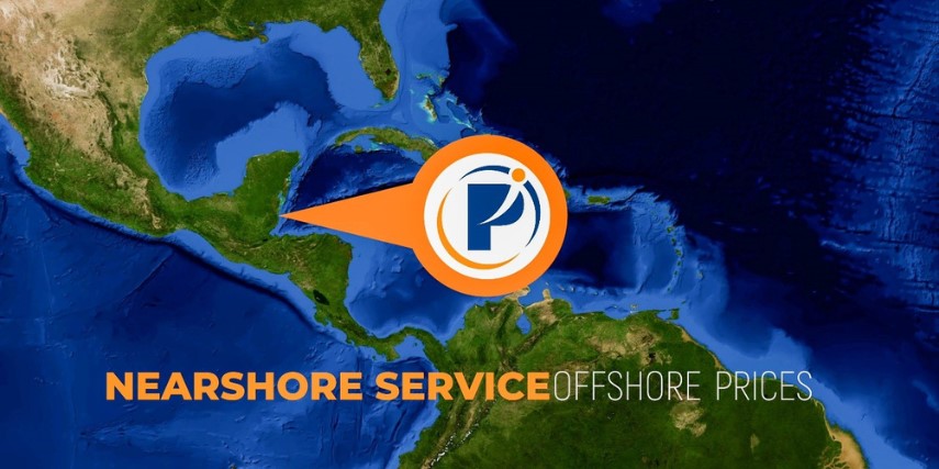 A map in green and blue shows an orange arrow with a blue "P" inside, highlighting the location of Belize. Text reads "Nearshore Service, Offshore Prices."