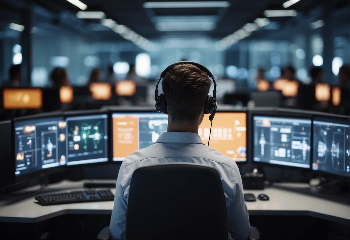 The back view of a man sitting at a desk with multiple screens in front of him.